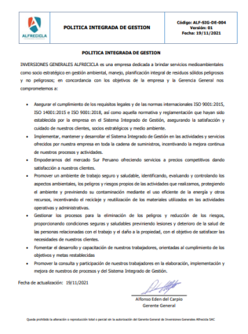 Política Integrada de Gestión - ALFRECICLA