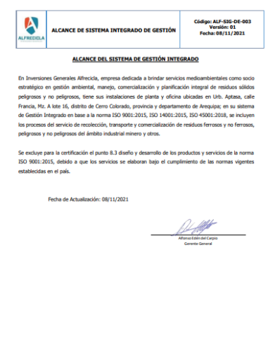 Alcance de Sistema Integrado de Gestión - ALFRECICLA